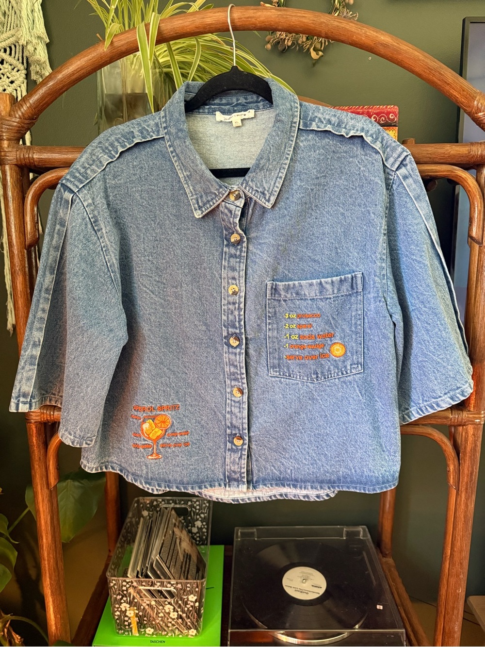 Aperol Spritz Embroidered Cropped Denim Shirt
